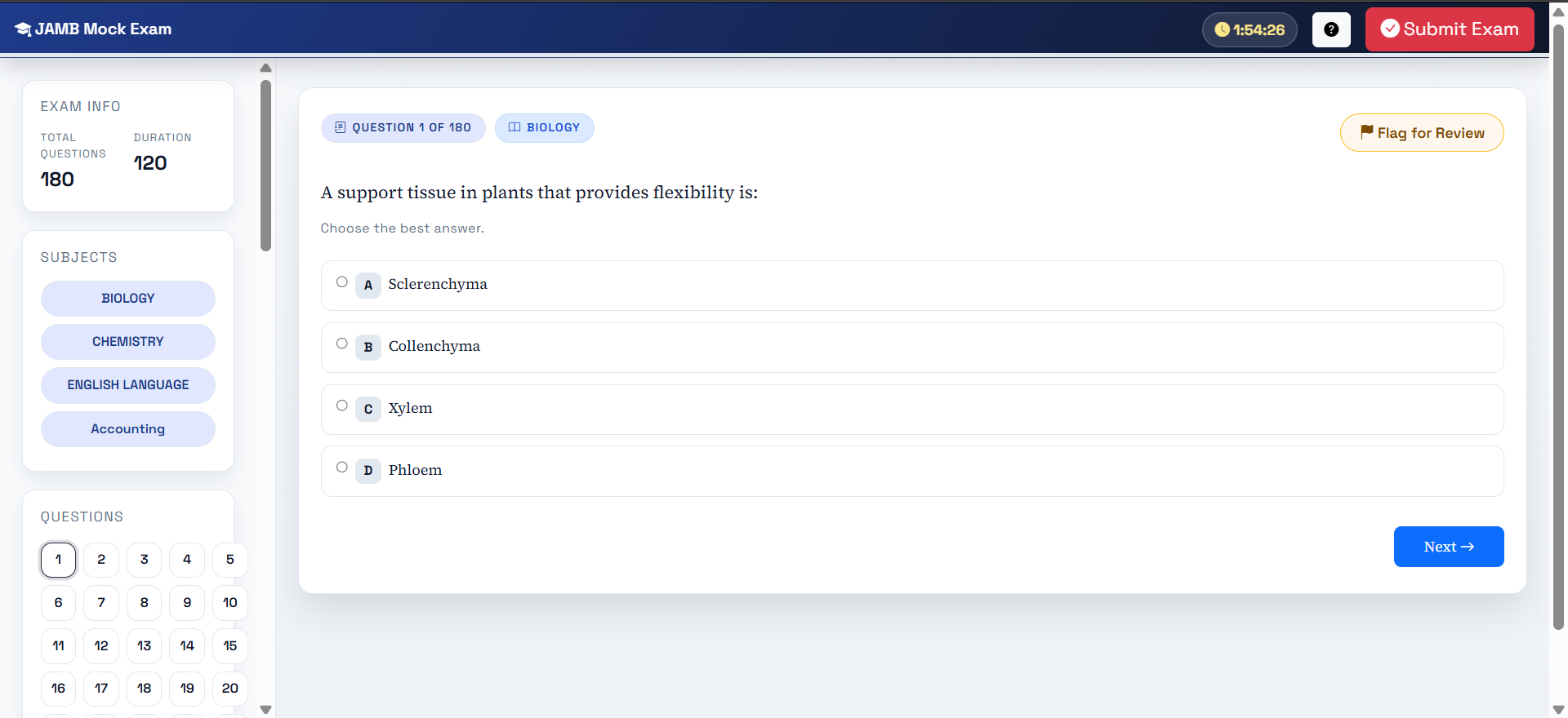 VIFEX exam interface showing question navigation and timer